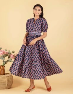 Blue Ethnic Motifs Printed Flare A-Line Dress -ZAZU Clothing Shop da66922 1
