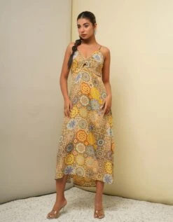 Yellow Printed Long Dress -ZAZU Clothing Shop dc124