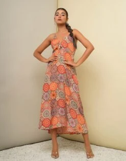 Orange Printed Long Dress -ZAZU Clothing Shop dc136