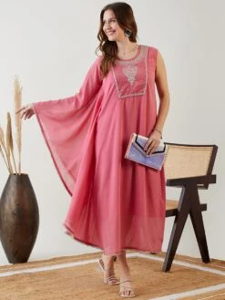 Pink Hand Embroidered Asymmetrical Kaftan Party Dress -ZAZU Clothing Shop drggjodha082