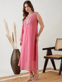 Pink Hand Embroidered Asymmetrical Kaftan Party Dress -ZAZU Clothing Shop drggjodha083