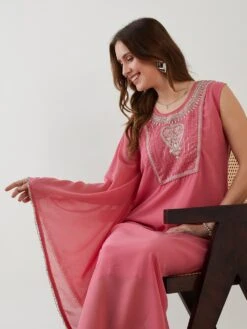 Pink Hand Embroidered Asymmetrical Kaftan Party Dress -ZAZU Clothing Shop drggjodha085