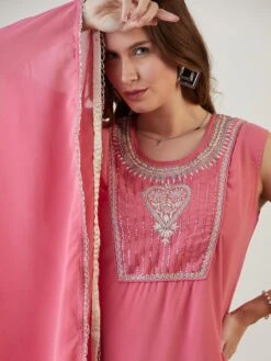 Pink Hand Embroidered Asymmetrical Kaftan Party Dress -ZAZU Clothing Shop drggjodha08b