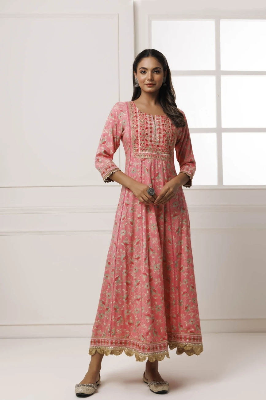 Pink Cotton-Rayon Embroidered Long Dress 3 Pink Cotton-Rayon Embroidered Long Dress