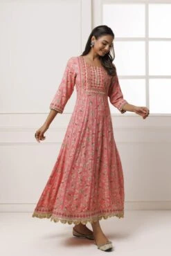 Pink Cotton-Rayon Embroidered Long Dress 8 Pink Cotton-Rayon Embroidered Long Dress -ZAZU Clothing Shop drmk230662