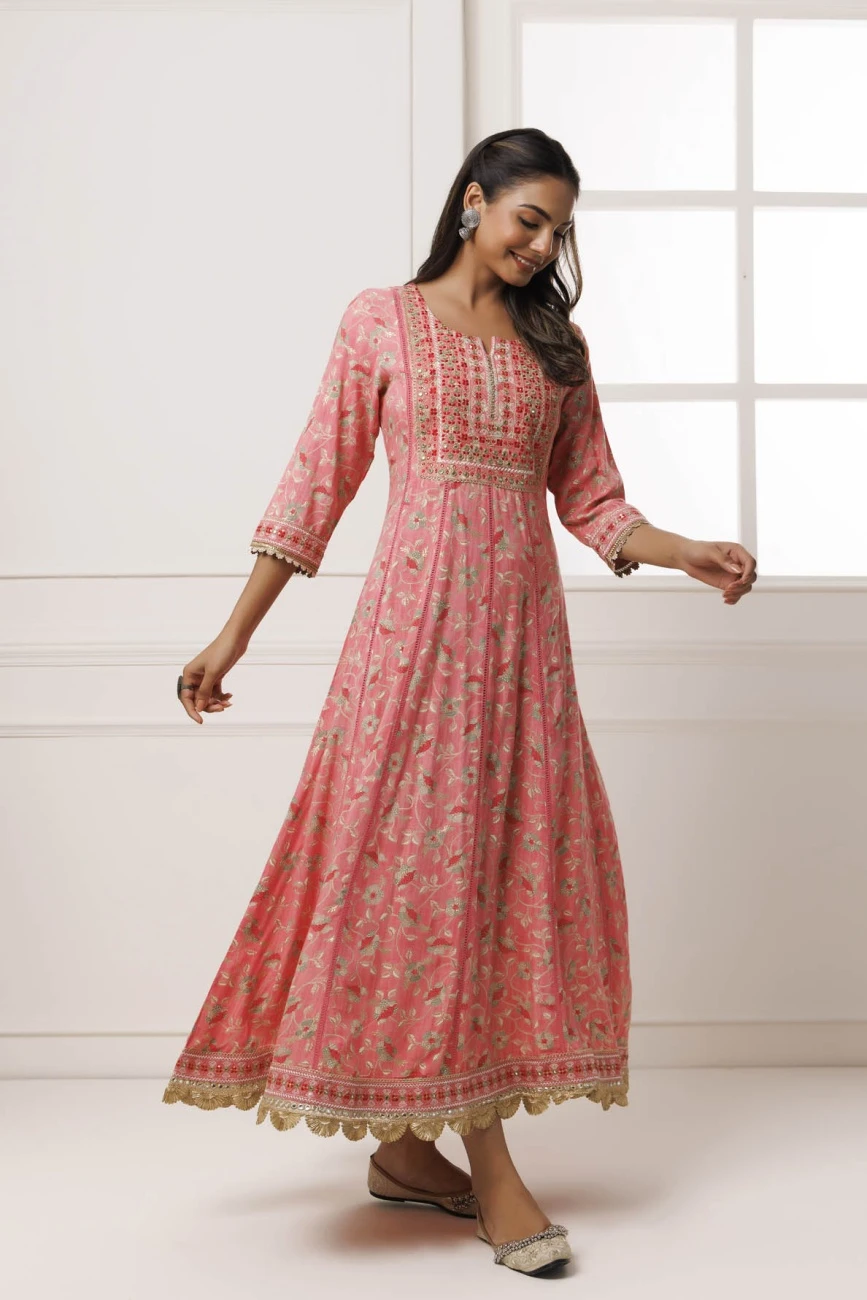 Pink Cotton-Rayon Embroidered Long Dress 4 Pink Cotton-Rayon Embroidered Long Dress - Image 2