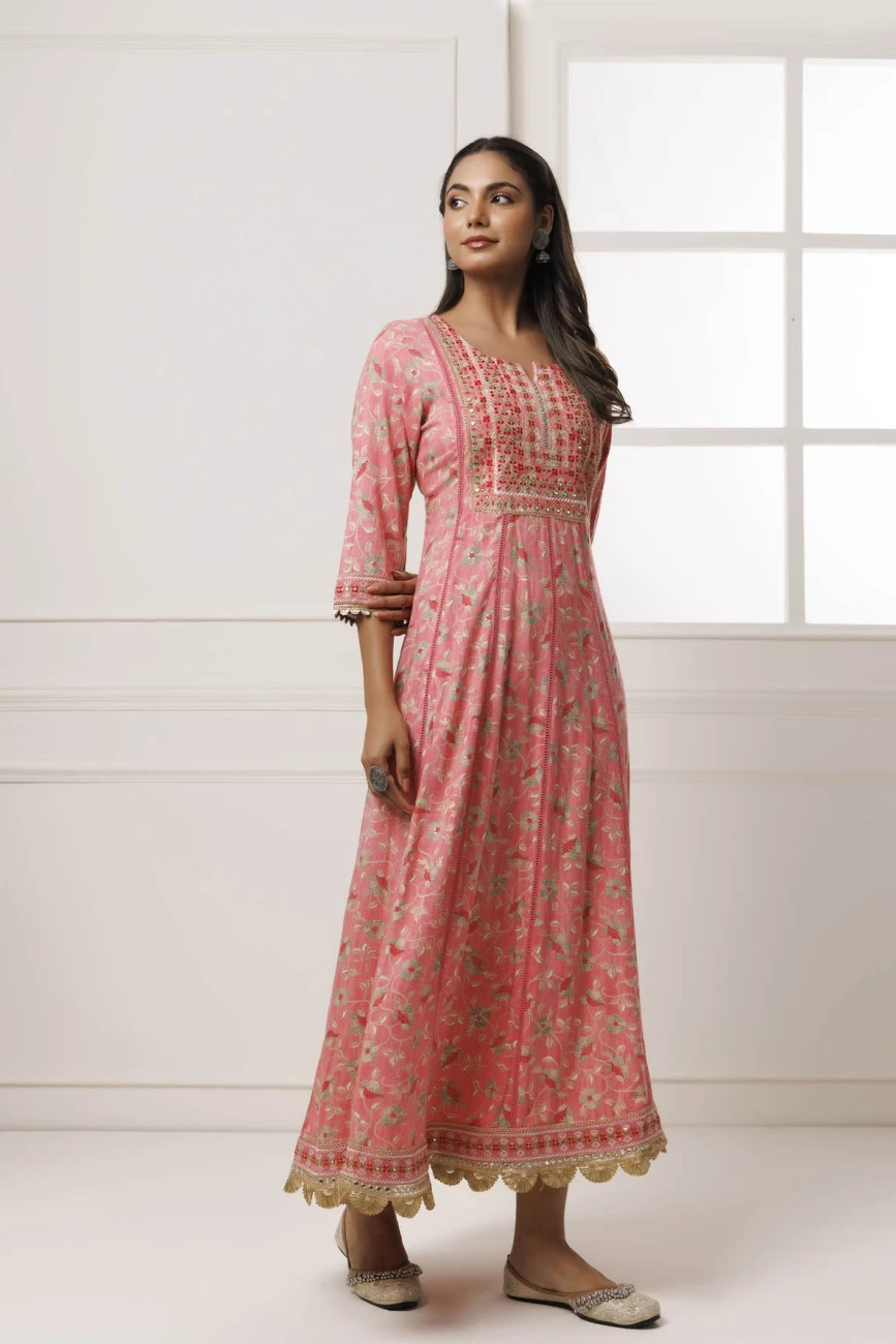 Pink Cotton-Rayon Embroidered Long Dress 5 Pink Cotton-Rayon Embroidered Long Dress - Image 3