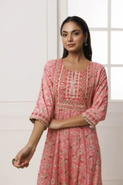 Pink Cotton-Rayon Embroidered Long Dress 11 Pink Cotton-Rayon Embroidered Long Dress -ZAZU Clothing Shop drmk23066b 1
