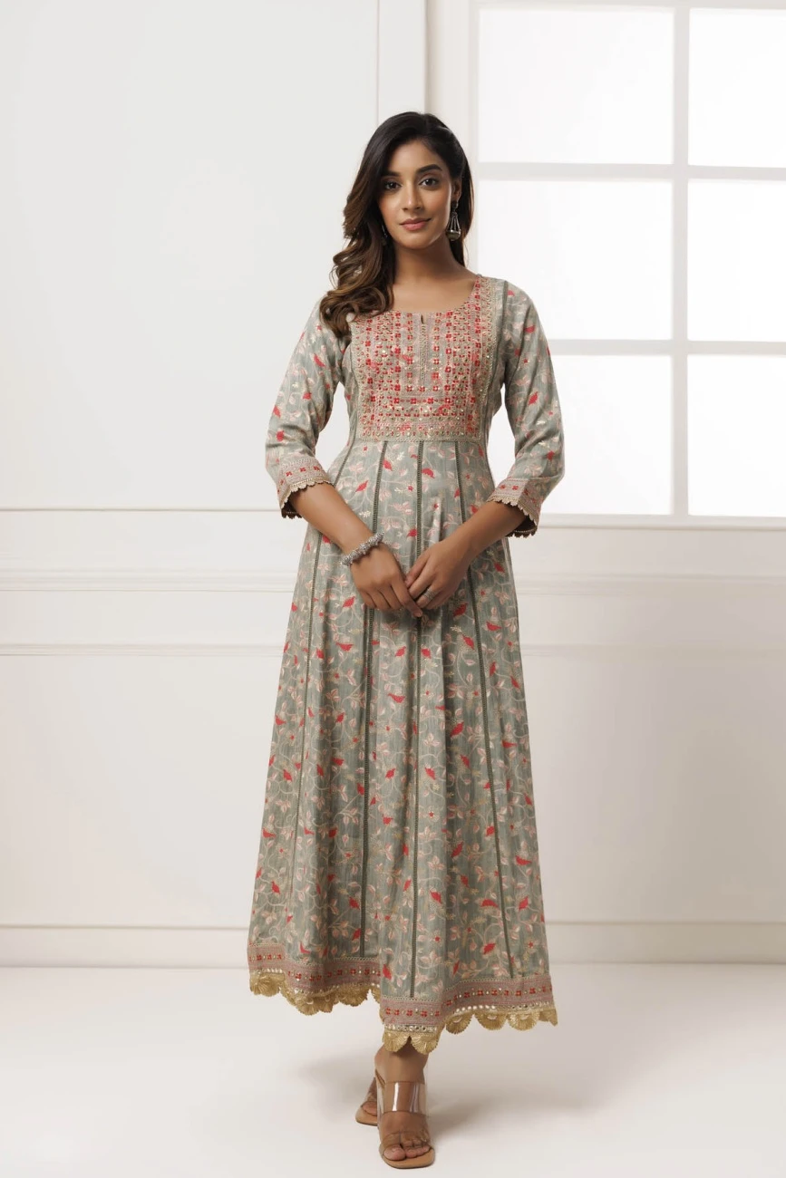 Grey Cotton-Rayon Embroidered Long Dress 3 Grey Cotton-Rayon Embroidered Long Dress