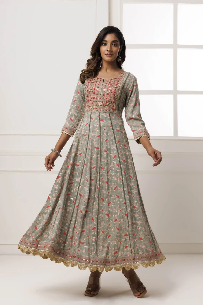 Grey Cotton-Rayon Embroidered Long Dress 4 Grey Cotton-Rayon Embroidered Long Dress - Image 2