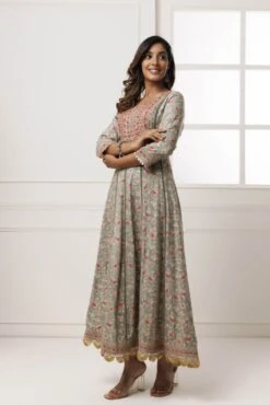 Grey Cotton-Rayon Embroidered Long Dress 9 Grey Cotton-Rayon Embroidered Long Dress -ZAZU Clothing Shop drmk230673