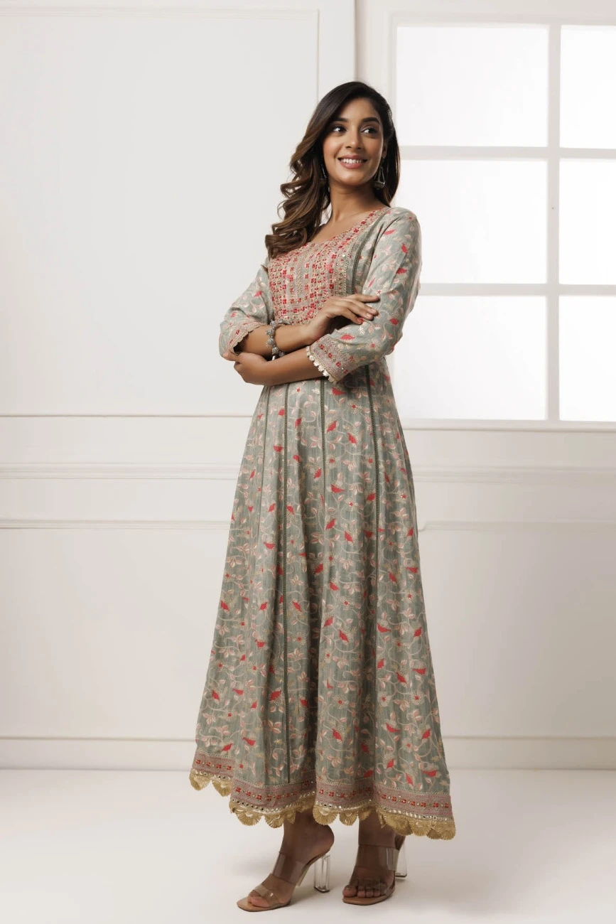 Grey Cotton-Rayon Embroidered Long Dress 5 Grey Cotton-Rayon Embroidered Long Dress - Image 3