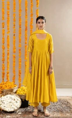 Vedica Kali Dress, Pants And Dupatta Set - Yellow