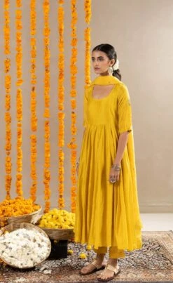 Vedica Kali Dress, Pants And Dupatta Set - Yellow -ZAZU Clothing Shop festive143