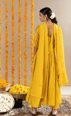 Vedica Kali Dress, Pants And Dupatta Set - Yellow -ZAZU Clothing Shop festive144