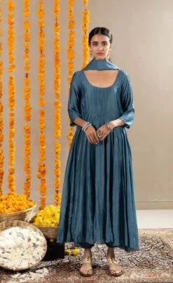 Vedica Kali Dress, Pants And Dupatta Set - Aegean Blue