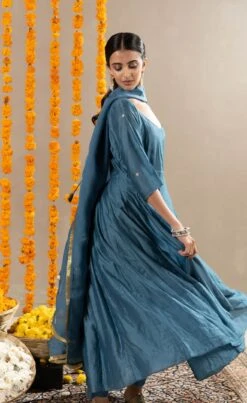 Vedica Kali Dress, Pants And Dupatta Set - Aegean Blue -ZAZU Clothing Shop festive14b3