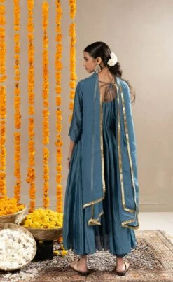 Vedica Kali Dress, Pants And Dupatta Set - Aegean Blue -ZAZU Clothing Shop festive14b4