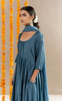 Vedica Kali Dress, Pants And Dupatta Set - Aegean Blue -ZAZU Clothing Shop festive14bb