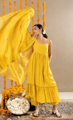 Nalini Dress, Pants And Dupatta Set - Yellow