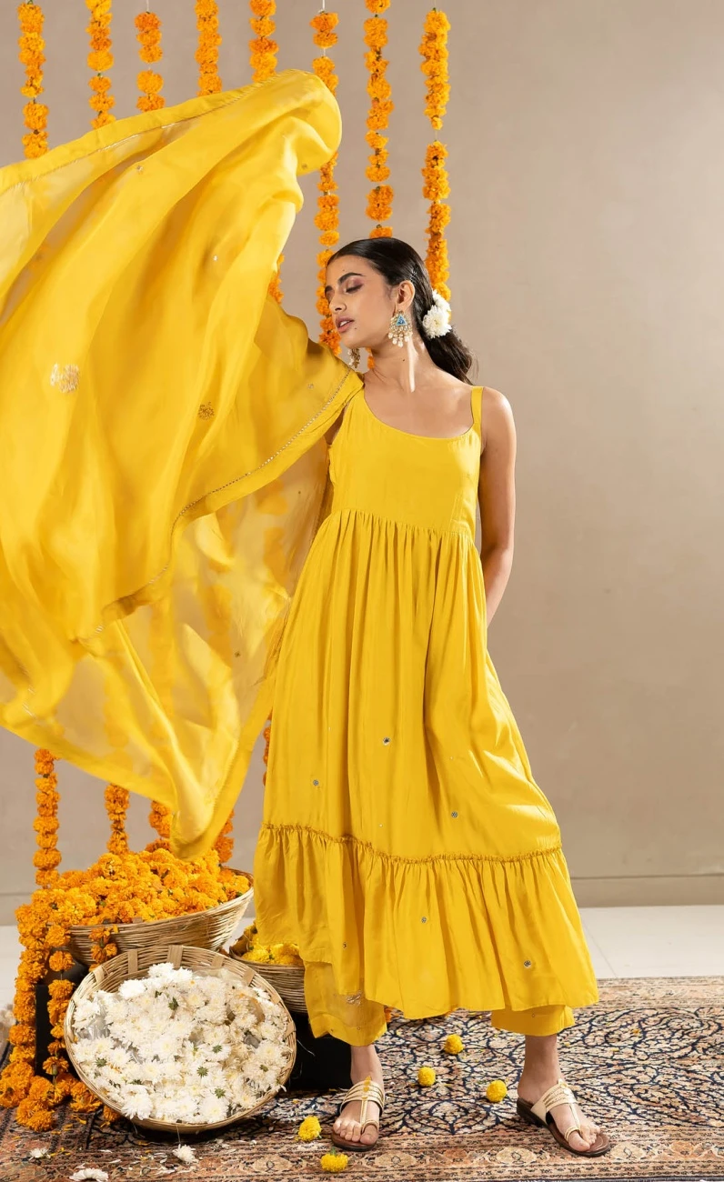 Nalini Dress, Pants And Dupatta Set - Yellow 3 Nalini Dress, Pants And Dupatta Set - Yellow