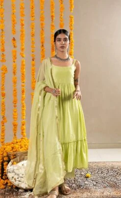 Nalini Dress, Pants And Dupatta Set - Pristine Green
