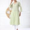 Noor Chikankari Hand Embroidery Anarkali Dress In Cotton Green -ZAZU Clothing Shop hklk271