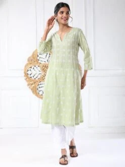 Noor Chikankari Hand Embroidery Anarkali Dress In Cotton Green