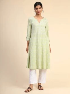 Noor Chikankari Hand Embroidery Anarkali Dress In Cotton Green -ZAZU Clothing Shop hklk273
