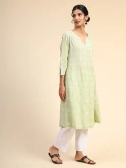 Noor Chikankari Hand Embroidery Anarkali Dress In Cotton Green -ZAZU Clothing Shop hklk275