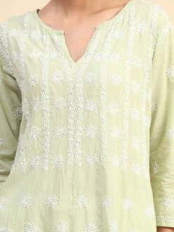 Noor Chikankari Hand Embroidery Anarkali Dress In Cotton Green -ZAZU Clothing Shop hklk277