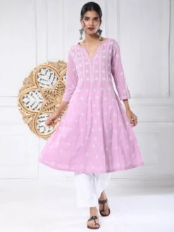 Noor Chikankari Hand Embroidery Anarkali Dress In Cotton Lavender