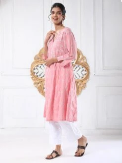 Noor Chikankari Hand Embroidery Anarkali Dress In Cotton Pink -ZAZU Clothing Shop hklk302