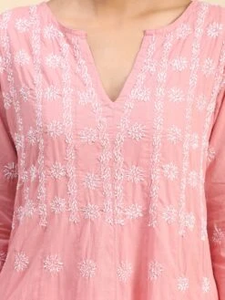 Noor Chikankari Hand Embroidery Anarkali Dress In Cotton Pink -ZAZU Clothing Shop hklk303