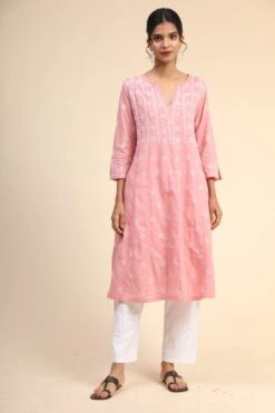 Noor Chikankari Hand Embroidery Anarkali Dress In Cotton Pink -ZAZU Clothing Shop hklk304