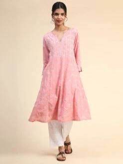 Noor Chikankari Hand Embroidery Anarkali Dress In Cotton Pink -ZAZU Clothing Shop hklk305