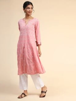 Noor Chikankari Hand Embroidery Anarkali Dress In Cotton Pink -ZAZU Clothing Shop hklk307