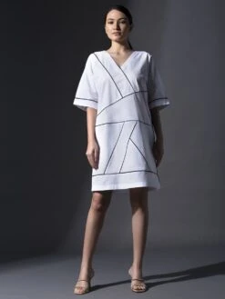 White Pure Cotton Dimensional Patterened Shift Dress