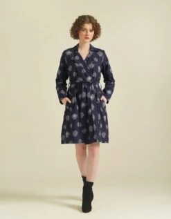 Handwoven Ikat Classic Double Breasted Coat Dress Features A A-Line Silhouette
