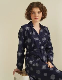 Handwoven Ikat Classic Double Breasted Coat Dress Features A A-Line Silhouette -ZAZU Clothing Shop idrl23001b