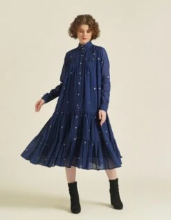 Handwoven Jamdani A Minimalistic Tiered Shirt Dress Featuring High Collar Neck