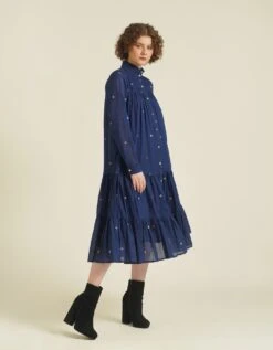 Handwoven Jamdani A Minimalistic Tiered Shirt Dress Featuring High Collar Neck -ZAZU Clothing Shop idrl230034