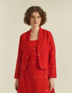 Handwoven Jamdani Flare Dress With Jacket -ZAZU Clothing Shop idrl23010b