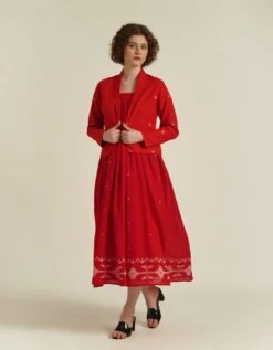 Handwoven Jamdani Classic Starp Dress With Jacket -ZAZU Clothing Shop idrl230274