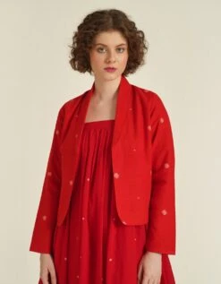 Handwoven Jamdani Classic Starp Dress With Jacket -ZAZU Clothing Shop idrl23027b