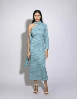 Aqua Floral Printed One Shoulder Dress