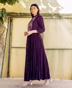 Wine Lurex Embroidered Anarkali Dress -ZAZU Clothing Shop iw9943