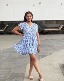 Blue Floral Rayon Dress