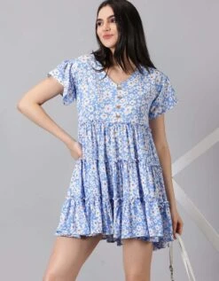 Blue Floral Rayon Dress -ZAZU Clothing Shop jm532