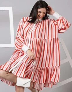Red Rayon Striped Dress -ZAZU Clothing Shop jm633